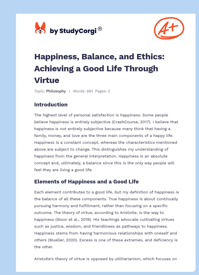 Happiness, Balance, and Ethics: Achieving a Good Life Through Virtue. Page 1