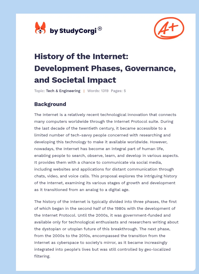 History of the Internet: Development Phases, Governance, and Societal Impact. Page 1