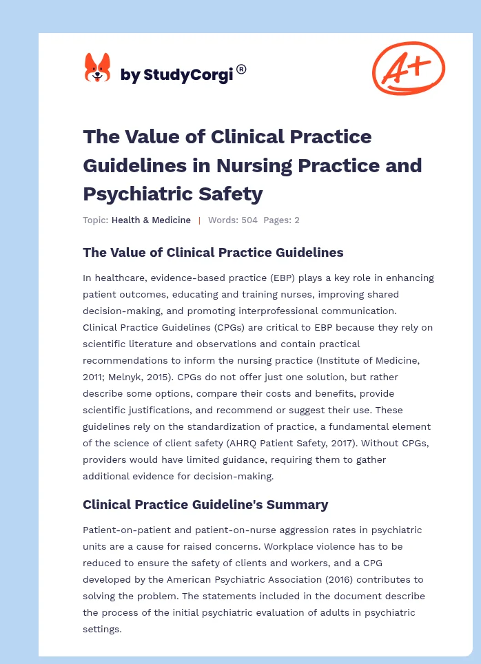 The Value of Clinical Practice Guidelines in Nursing Practice and Psychiatric Safety. Page 1