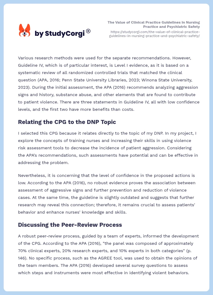 The Value of Clinical Practice Guidelines in Nursing Practice and Psychiatric Safety. Page 2