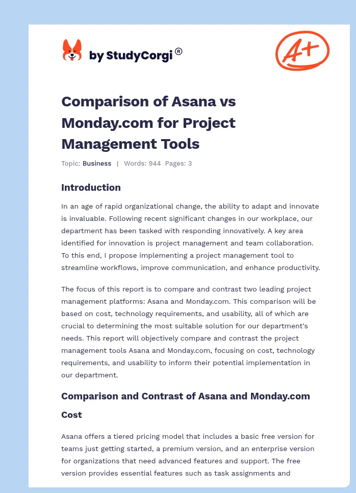 Comparison of Asana vs Monday.com for Project Management Tools. Page 1
