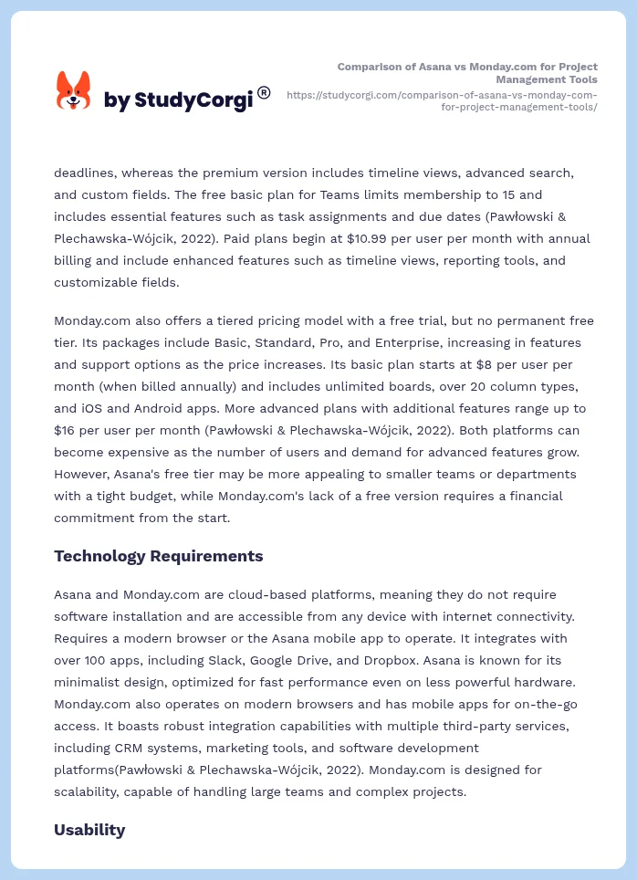 Comparison of Asana vs Monday.com for Project Management Tools. Page 2
