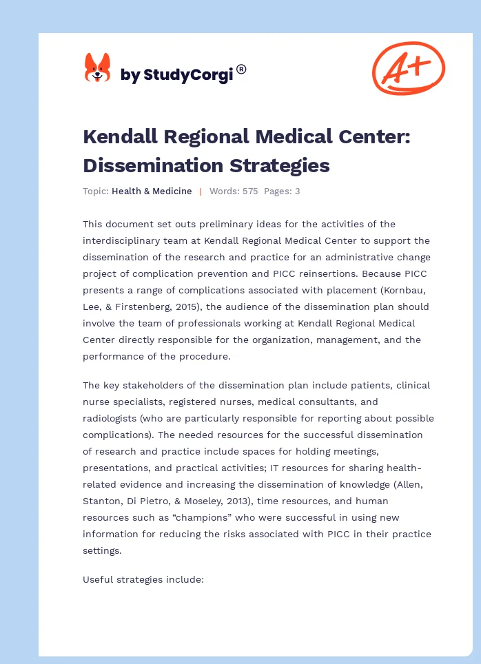 Kendall Regional Medical Center: Dissemination Strategies. Page 1