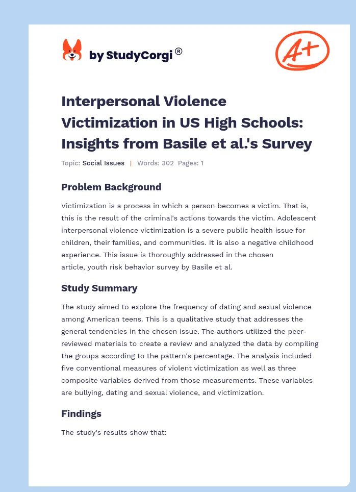 Interpersonal Violence Victimization in US High Schools: Insights from Basile et al.'s Survey. Page 1