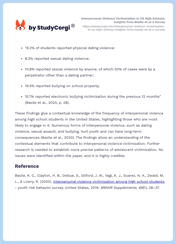 Interpersonal Violence Victimization in US High Schools: Insights from Basile et al.'s Survey. Page 2