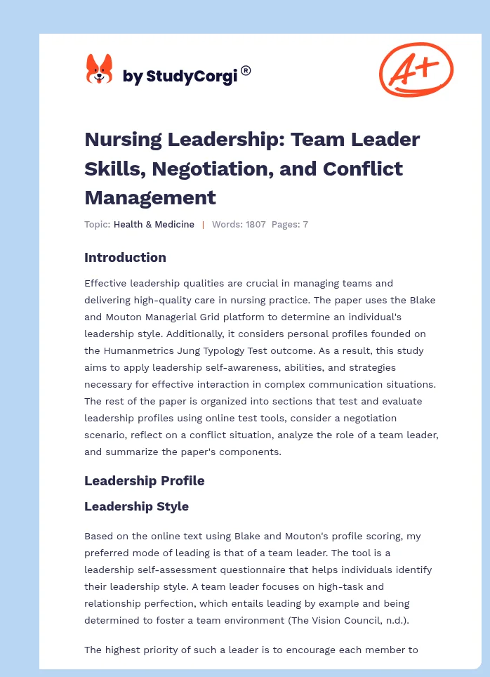 Nursing Leadership: Team Leader Skills, Negotiation, and Conflict Management. Page 1