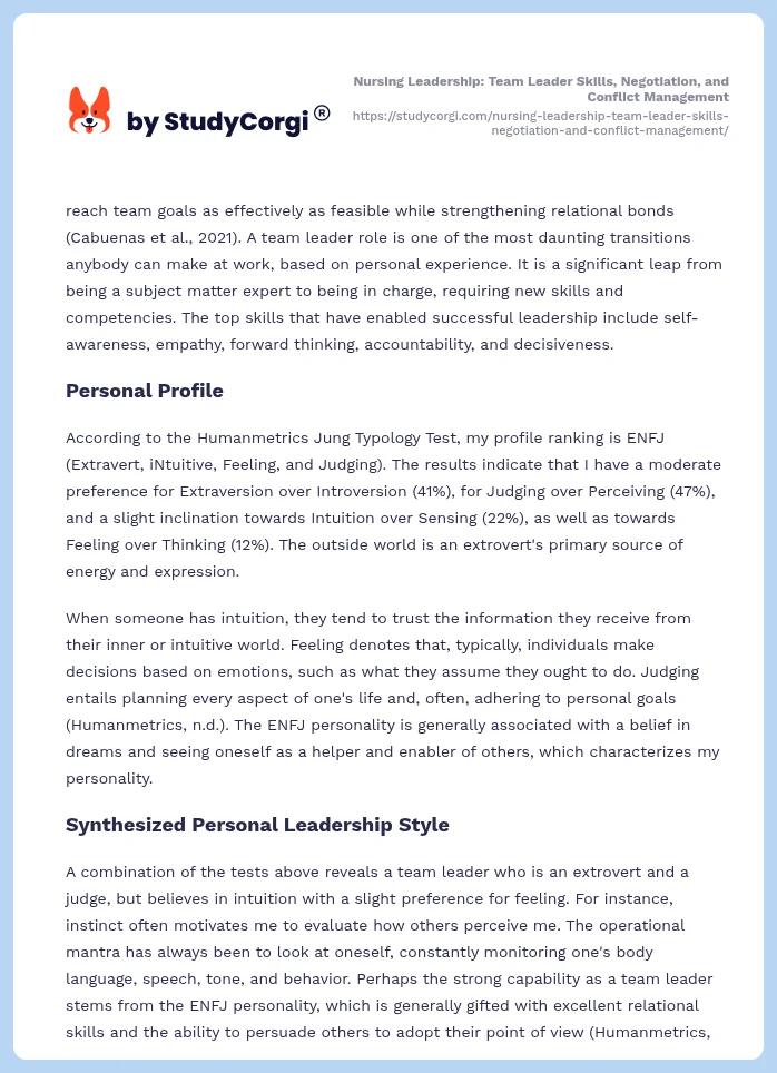 Nursing Leadership: Team Leader Skills, Negotiation, and Conflict Management. Page 2