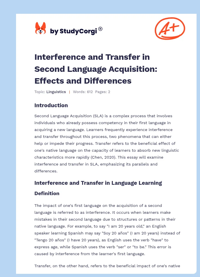 Interference and Transfer in Second Language Acquisition: Effects and Differences. Page 1