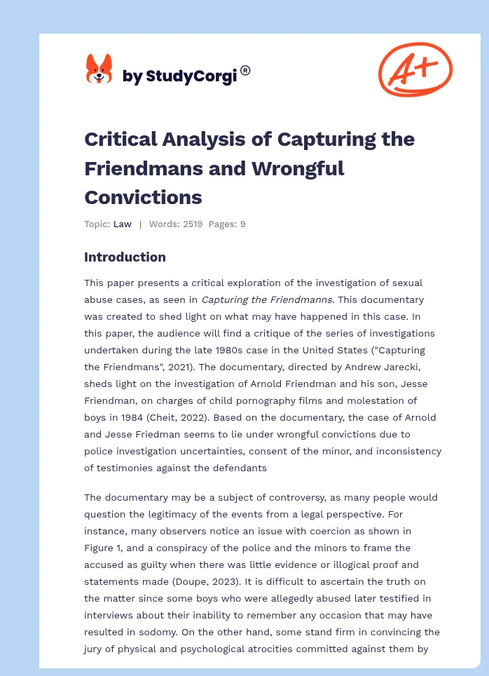 Critical Analysis of Capturing the Friendmans and Wrongful Convictions. Page 1