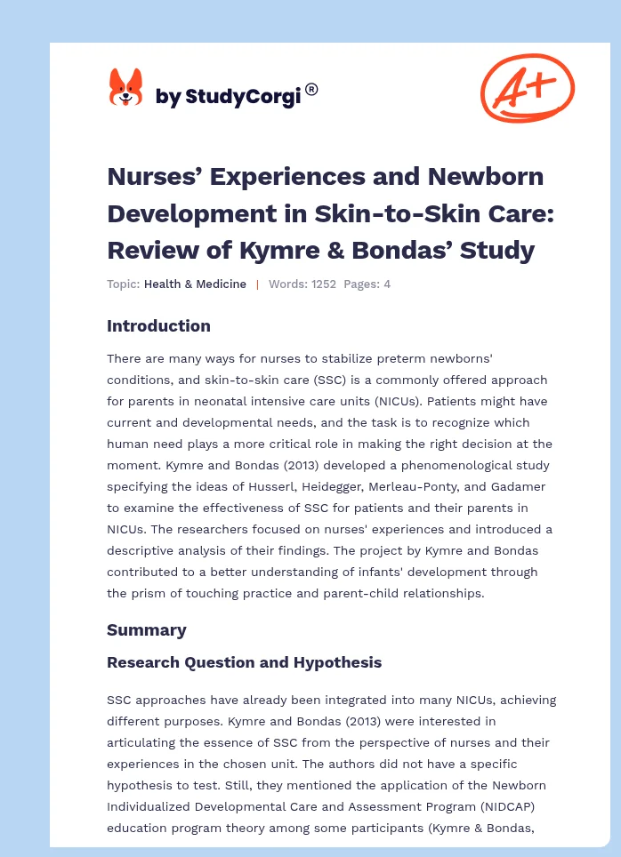 Nurses’ Experiences and Newborn Development in Skin-to-Skin Care: Review of Kymre & Bondas’ Study. Page 1