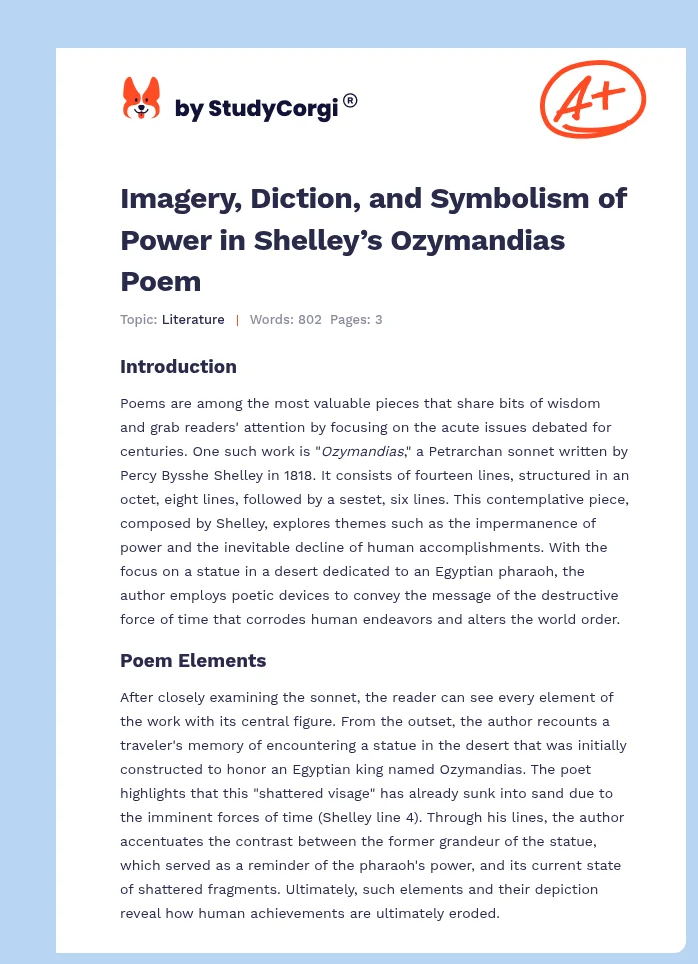 Imagery, Diction, and Symbolism of Power in Shelley’s Ozymandias Poem. Page 1