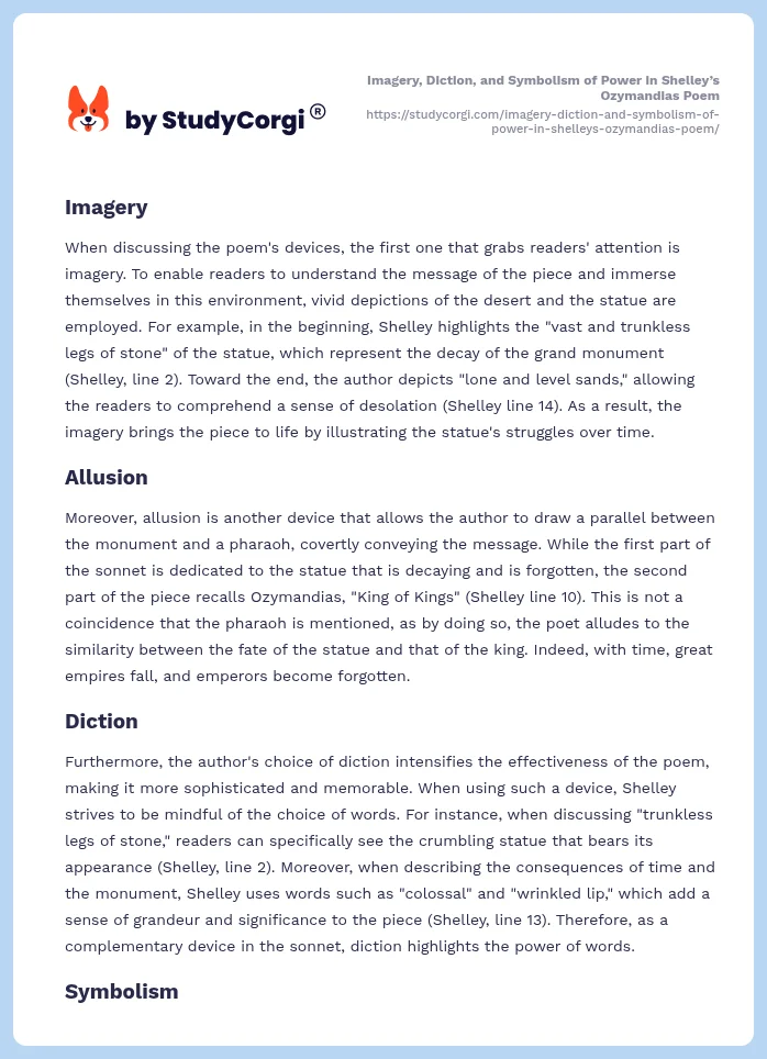 Imagery, Diction, and Symbolism of Power in Shelley’s Ozymandias Poem. Page 2
