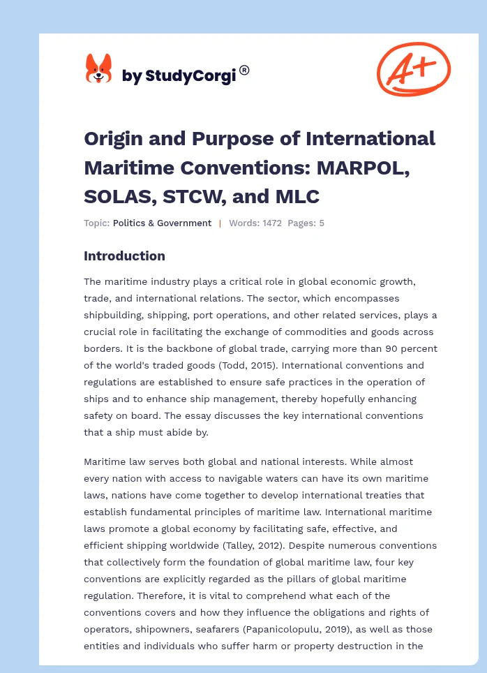 Origin and Purpose of International Maritime Conventions: MARPOL, SOLAS, STCW, and MLC. Page 1