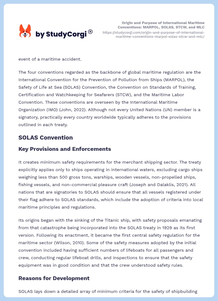Origin and Purpose of International Maritime Conventions: MARPOL, SOLAS, STCW, and MLC. Page 2