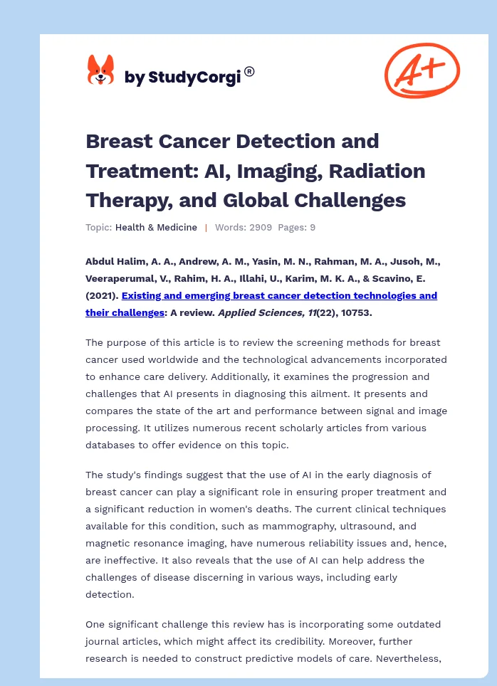 Breast Cancer Detection and Treatment: AI, Imaging, Radiation Therapy, and Global Challenges. Page 1