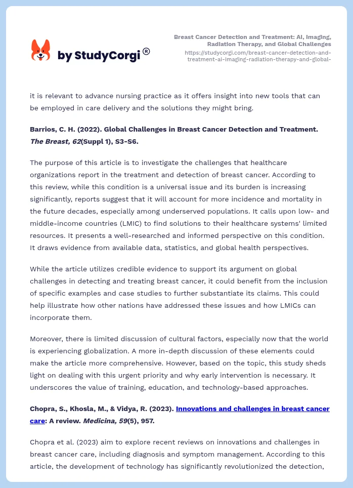 Breast Cancer Detection and Treatment: AI, Imaging, Radiation Therapy, and Global Challenges. Page 2