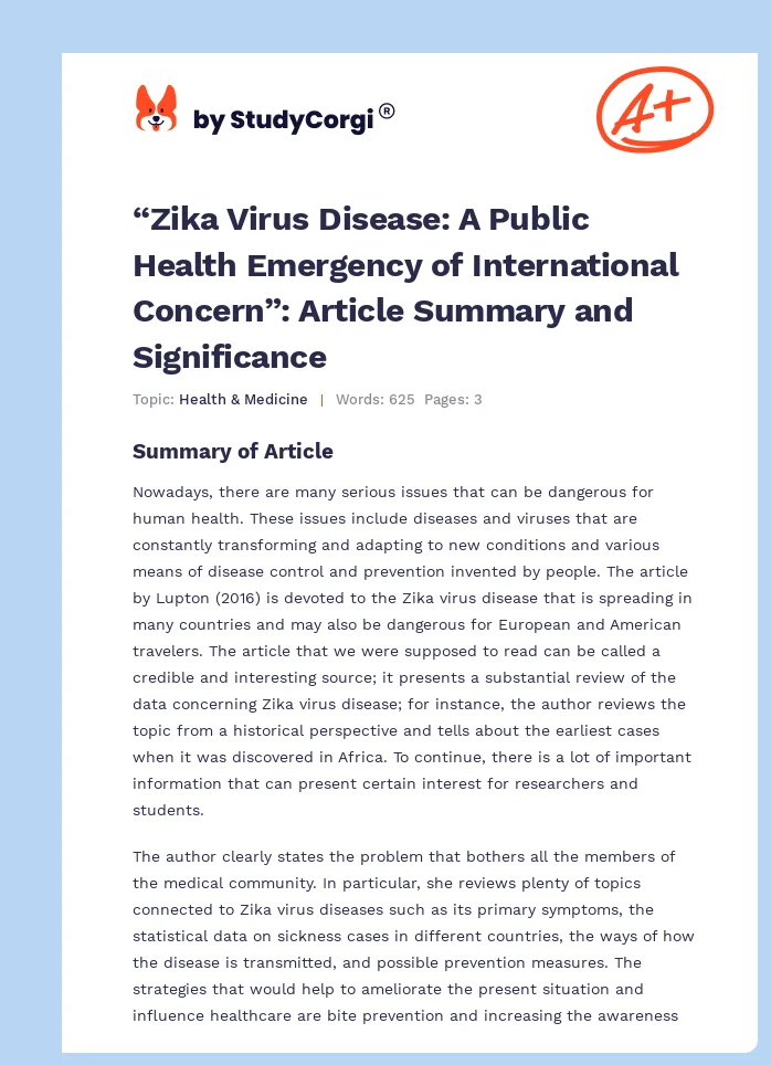 “Zika Virus Disease: A Public Health Emergency of International Concern”: Article Summary and Significance. Page 1