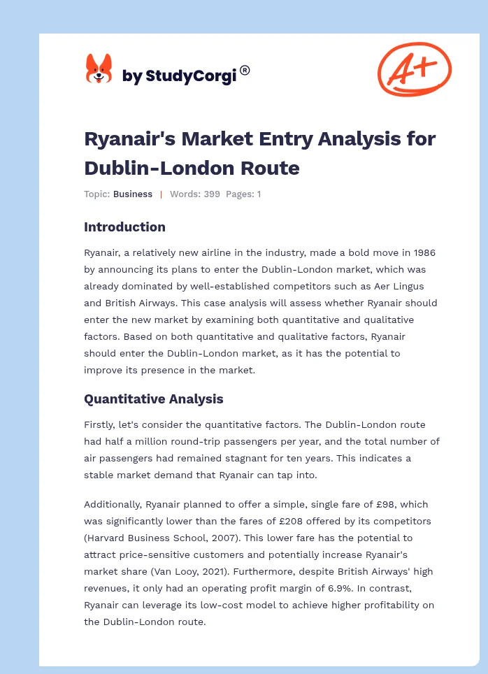 Ryanair's Market Entry Analysis for Dublin-London Route. Page 1