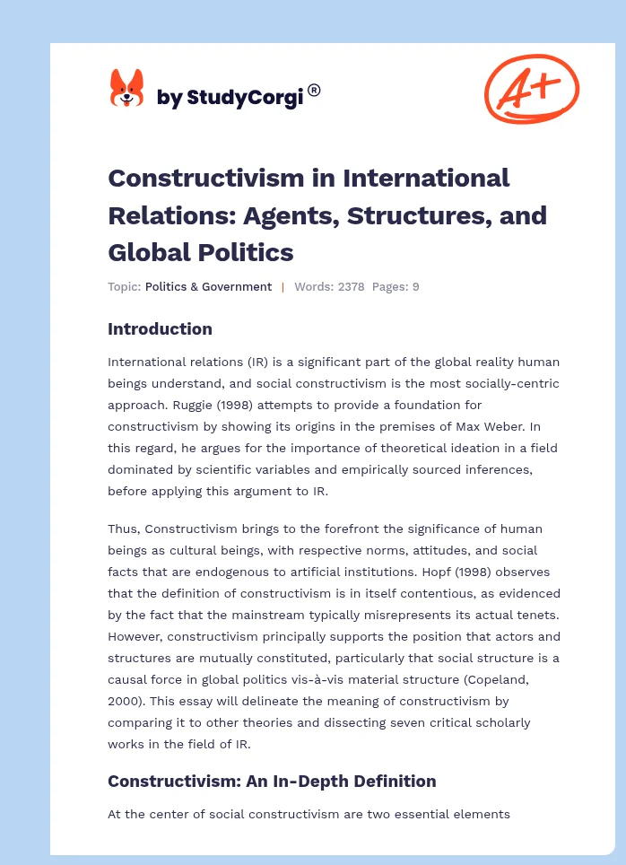 Constructivism in International Relations: Agents, Structures, and Global Politics. Page 1