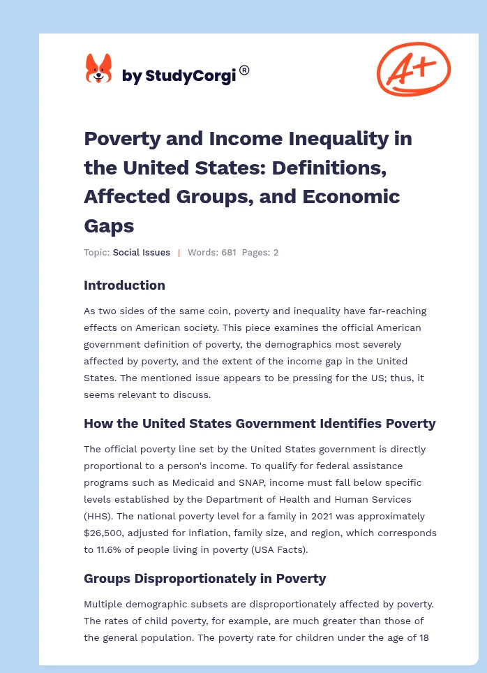 Poverty and Income Inequality in the United States: Definitions, Affected Groups, and Economic Gaps. Page 1