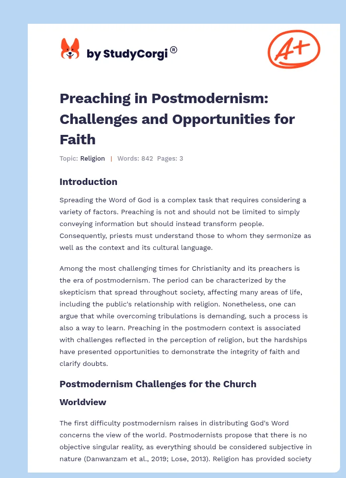Preaching in Postmodernism: Challenges and Opportunities for Faith. Page 1