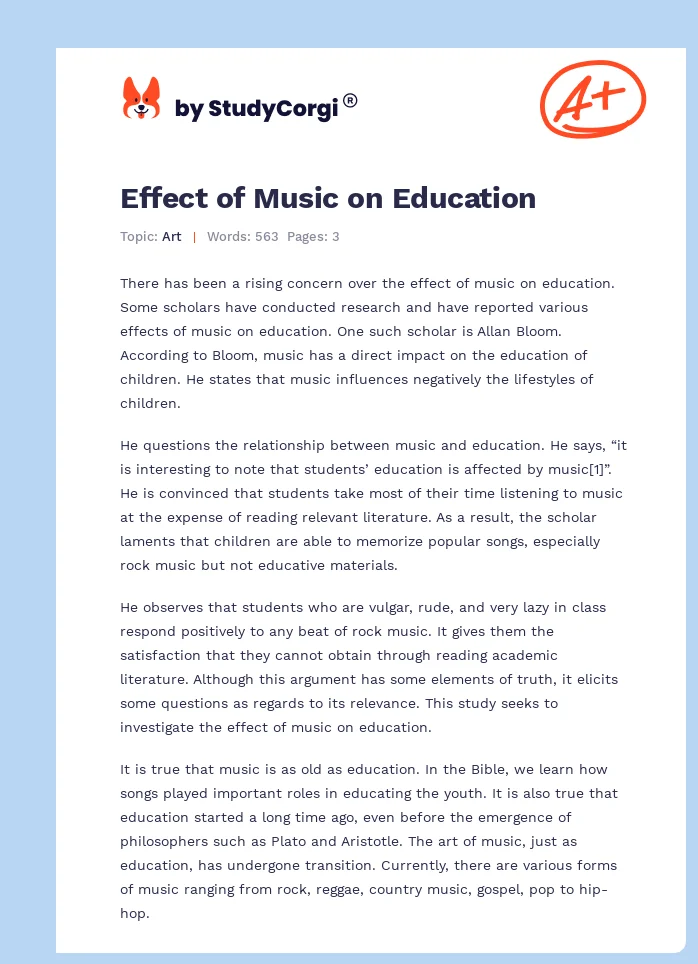 Effect of Music on Education. Page 1