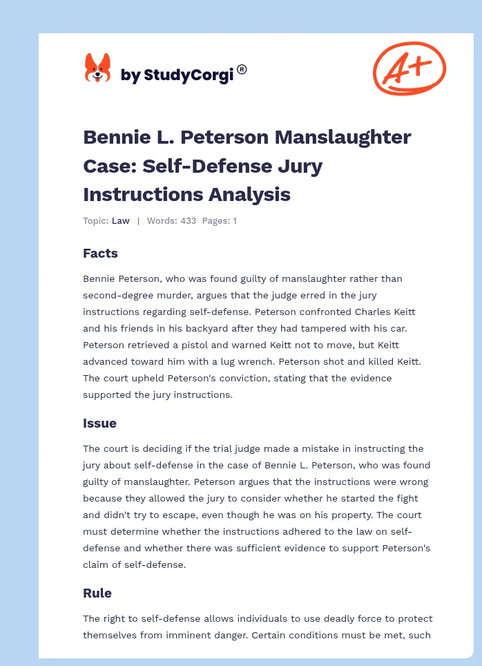 Bennie L. Peterson Manslaughter Case: Self-Defense Jury Instructions Analysis. Page 1