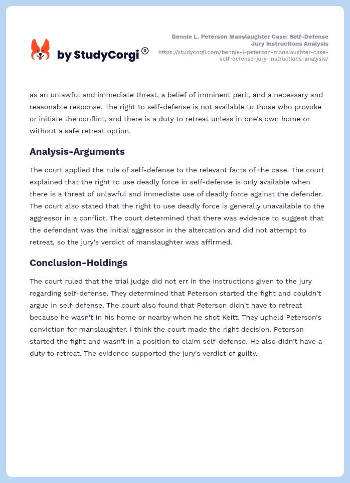 Bennie L. Peterson Manslaughter Case: Self-Defense Jury Instructions Analysis. Page 2
