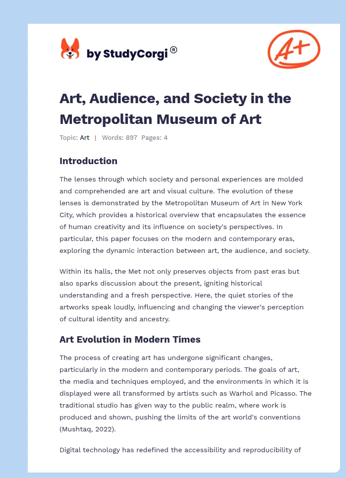Art, Audience, and Society in the Metropolitan Museum of Art. Page 1