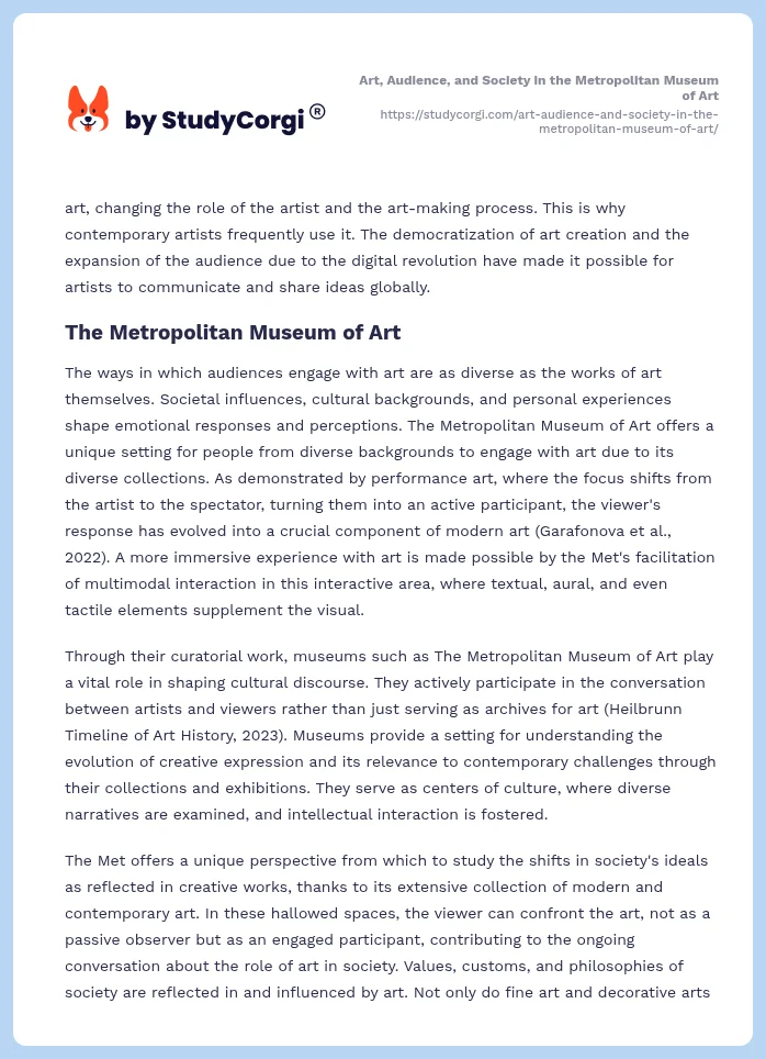 Art, Audience, and Society in the Metropolitan Museum of Art. Page 2