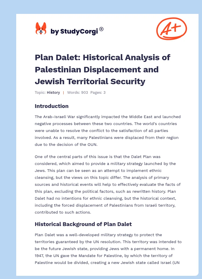 Plan Dalet: Historical Analysis of Palestinian Displacement and Jewish Territorial Security. Page 1
