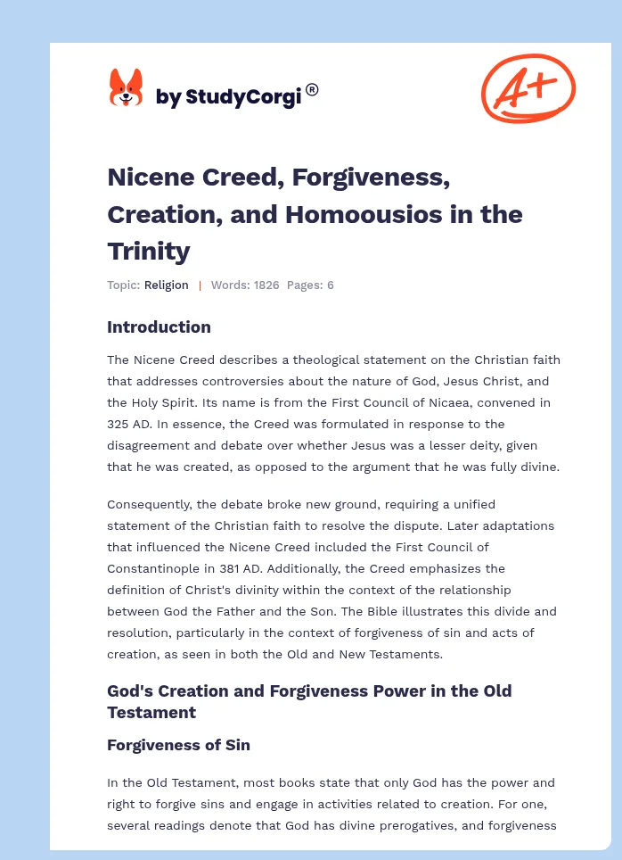 Nicene Creed, Forgiveness, Creation, and Homoousios in the Trinity. Page 1