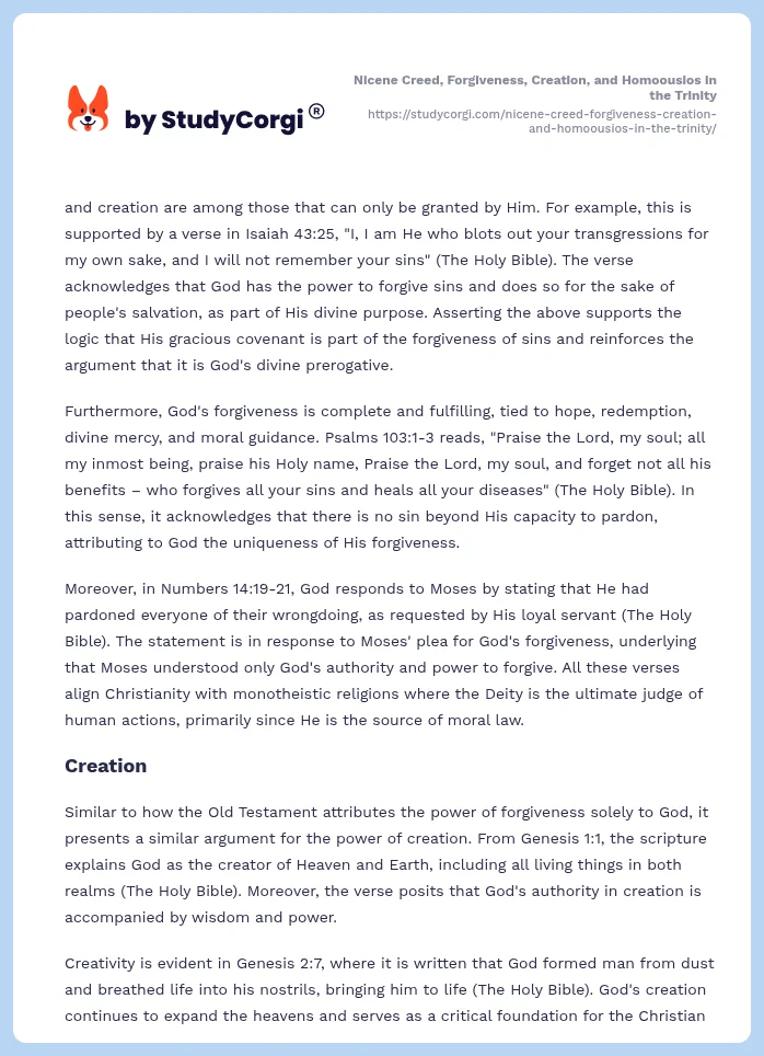 Nicene Creed, Forgiveness, Creation, and Homoousios in the Trinity. Page 2
