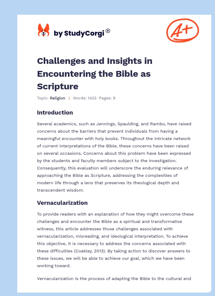 Challenges and Insights in Encountering the Bible as Scripture. Page 1