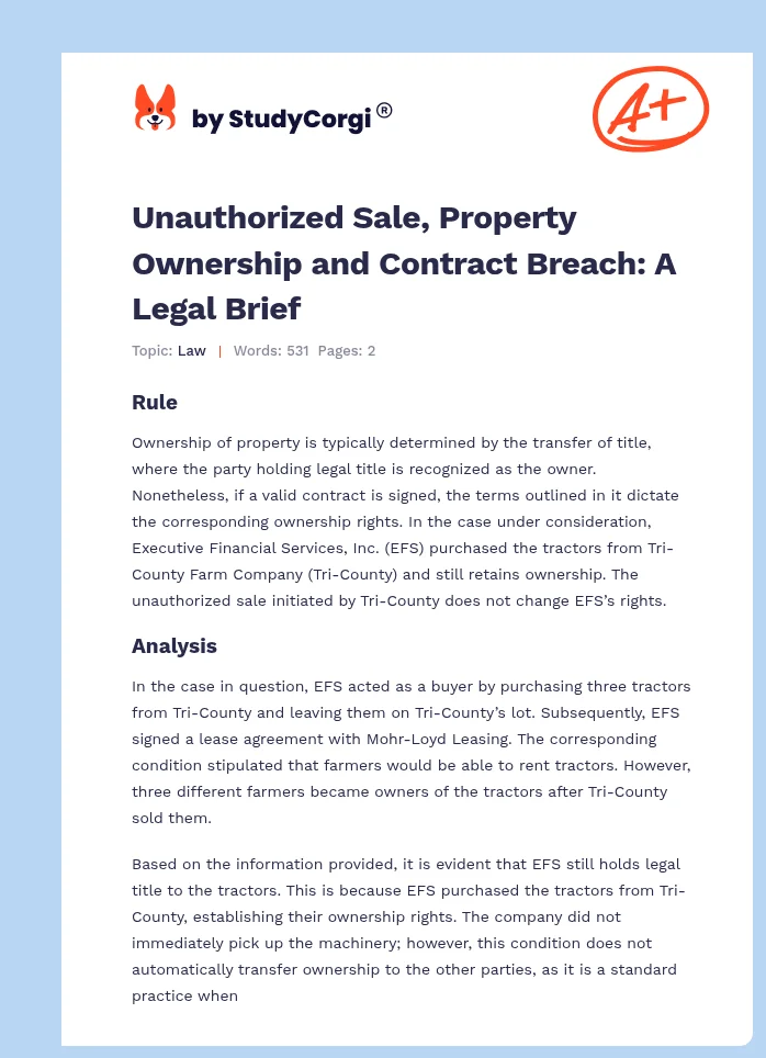 Unauthorized Sale, Property Ownership and Contract Breach: A Legal Brief. Page 1