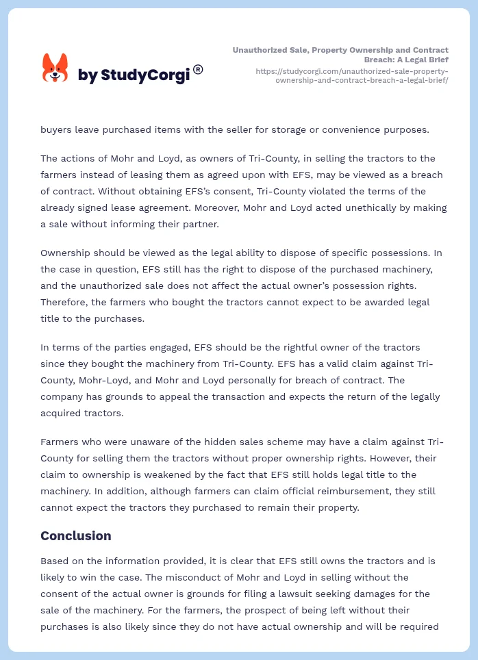 Unauthorized Sale, Property Ownership and Contract Breach: A Legal Brief. Page 2