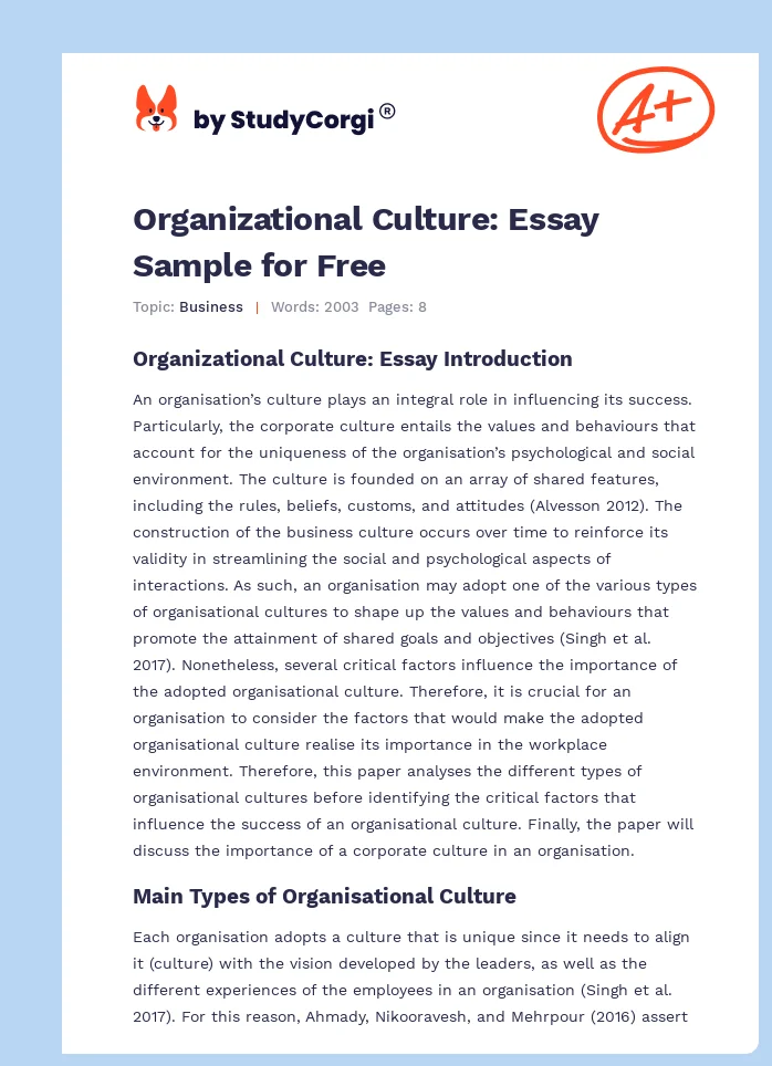 Organizational Culture: Essay Sample for Free. Page 1