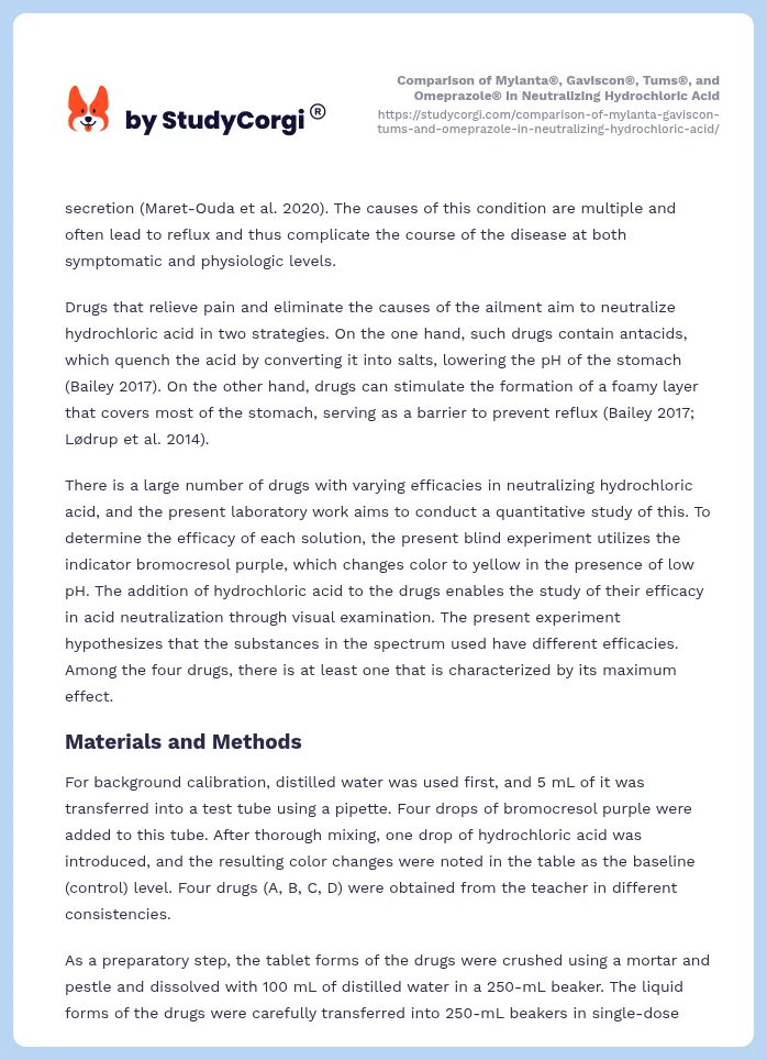 Comparison of Mylanta®, Gaviscon®, Tums®, and Omeprazole® in Neutralizing Hydrochloric Acid. Page 2