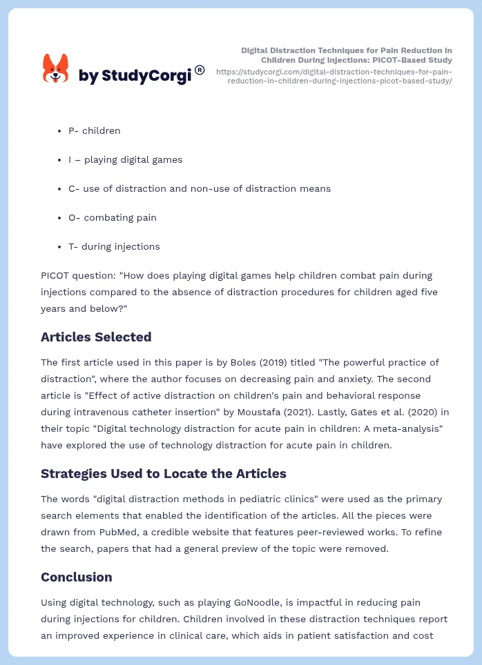 Digital Distraction Techniques for Pain Reduction in Children During Injections: PICOT-Based Study. Page 2