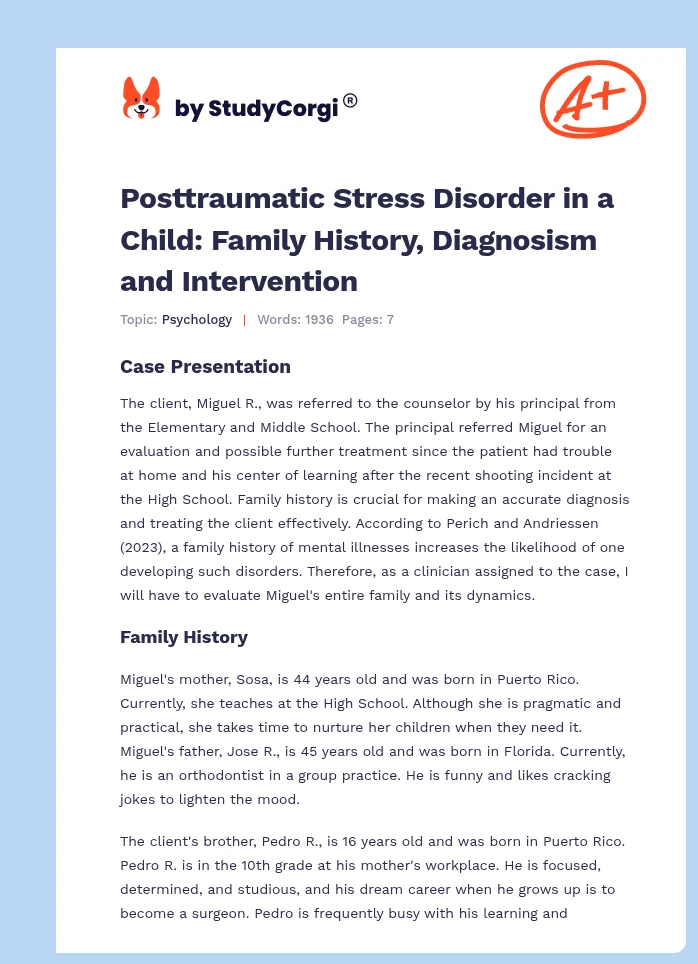 Posttraumatic Stress Disorder in a Child: Family History, Diagnosism and Intervention. Page 1