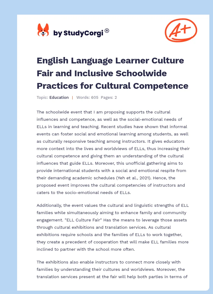 English Language Learner Culture Fair and Inclusive Schoolwide Practices for Cultural Competence. Page 1