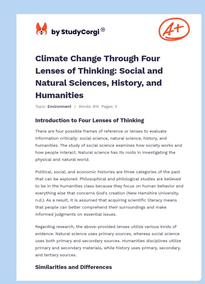 Climate Change Through Four Lenses of Thinking: Social and Natural Sciences, History, and Humanities. Page 1