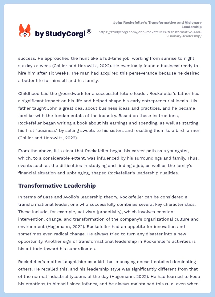 John Rockefeller’s Transformative and Visionary Leadership. Page 2