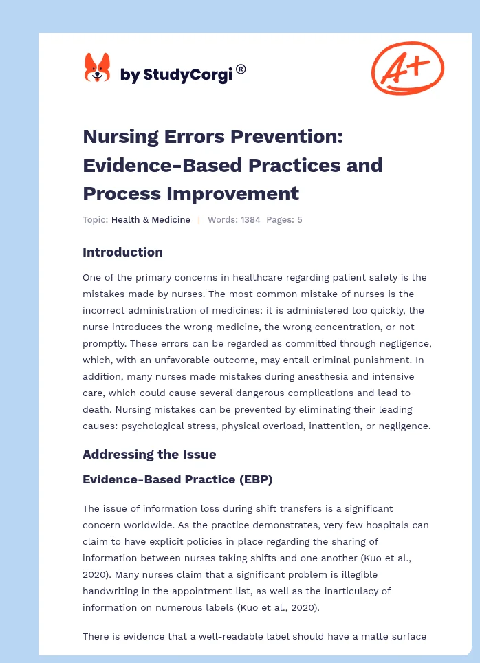 Nursing Errors Prevention: Evidence-Based Practices and Process Improvement. Page 1