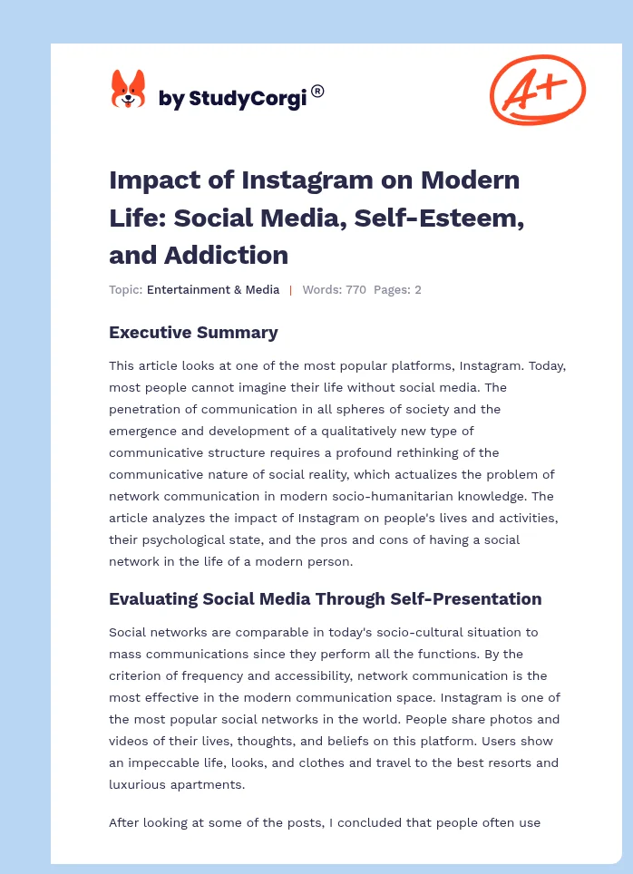 Impact of Instagram on Modern Life: Social Media, Self-Esteem, and Addiction. Page 1