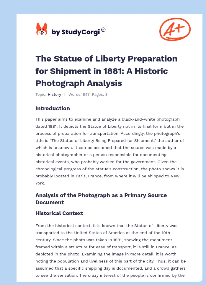 The Statue of Liberty Preparation for Shipment in 1881: A Historic Photograph Analysis. Page 1