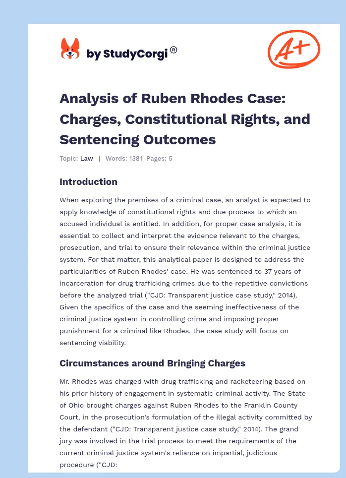 Analysis of Ruben Rhodes Case: Charges, Constitutional Rights, and Sentencing Outcomes. Page 1