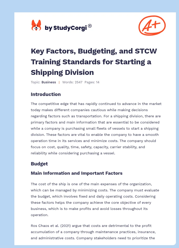 Key Factors, Budgeting, and STCW Training Standards for Starting a Shipping Division. Page 1