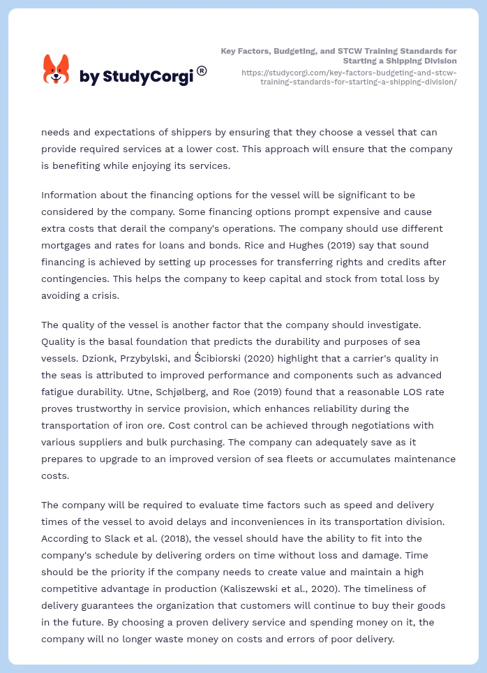 Key Factors, Budgeting, and STCW Training Standards for Starting a Shipping Division. Page 2