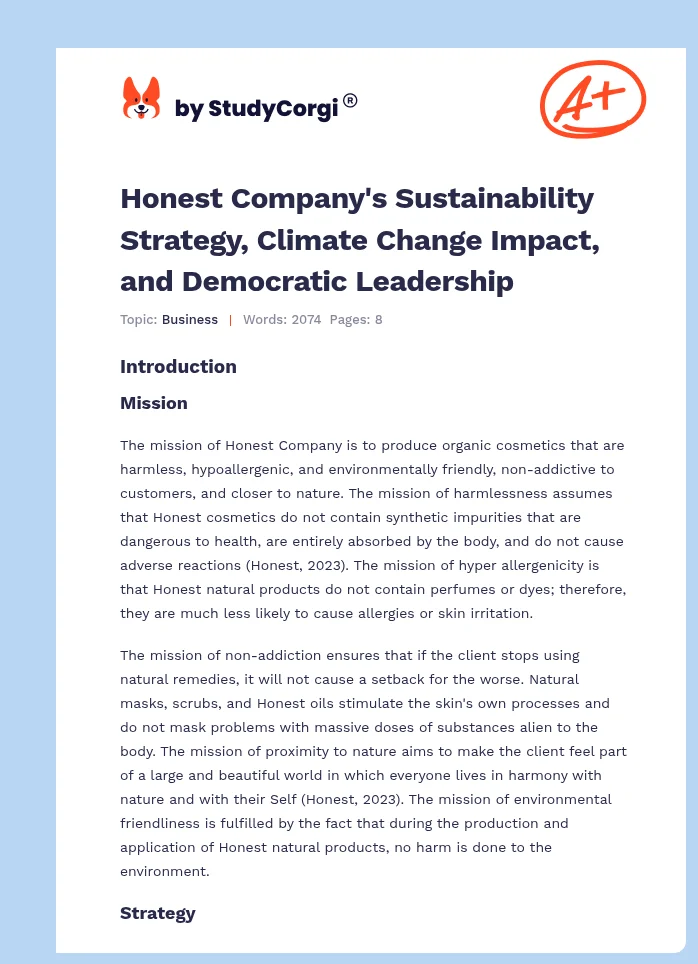 Honest Company's Sustainability Strategy, Climate Change Impact, and Democratic Leadership. Page 1